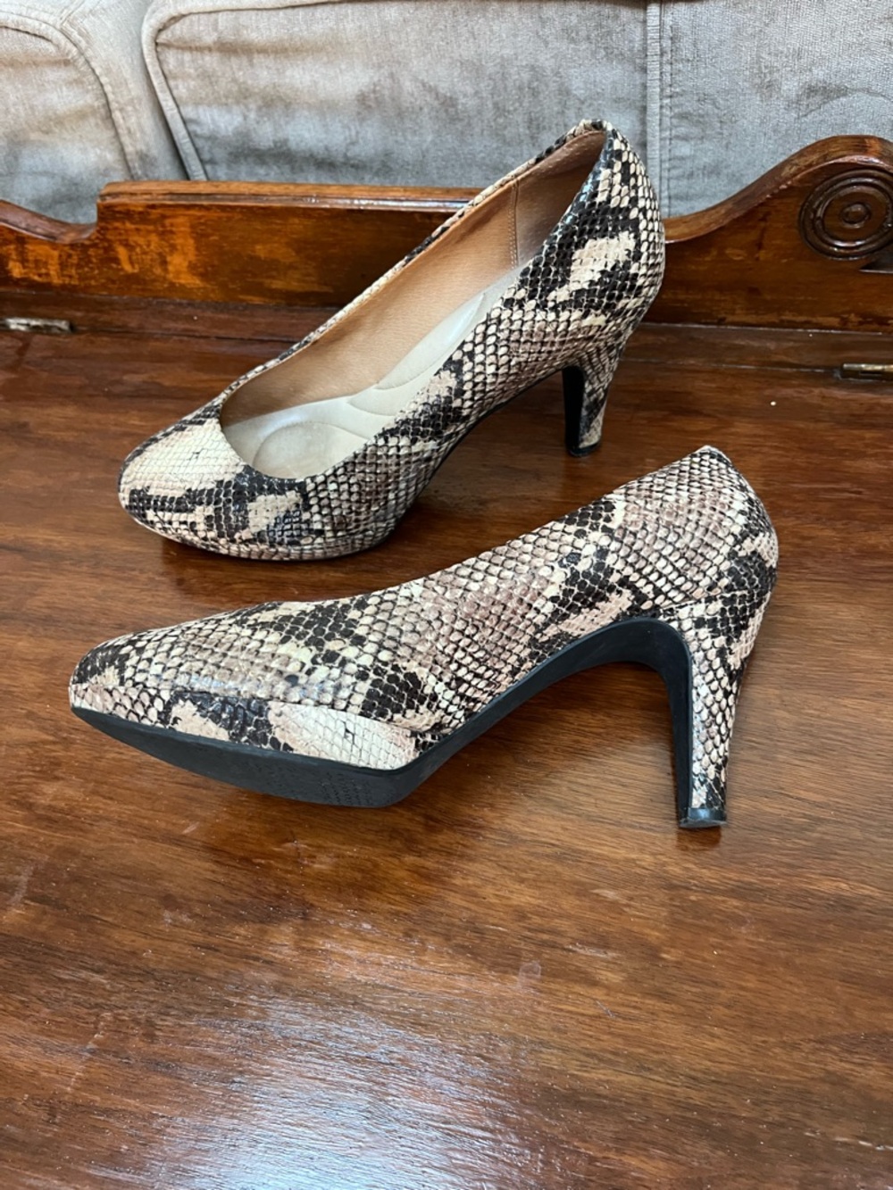 Clarks indigo Women's Snakeskin-Print High Heels in Beige and Black